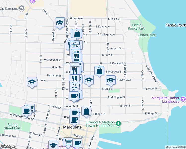 map of restaurants, bars, coffee shops, grocery stores, and more near 115 East Hewitt Avenue in Marquette