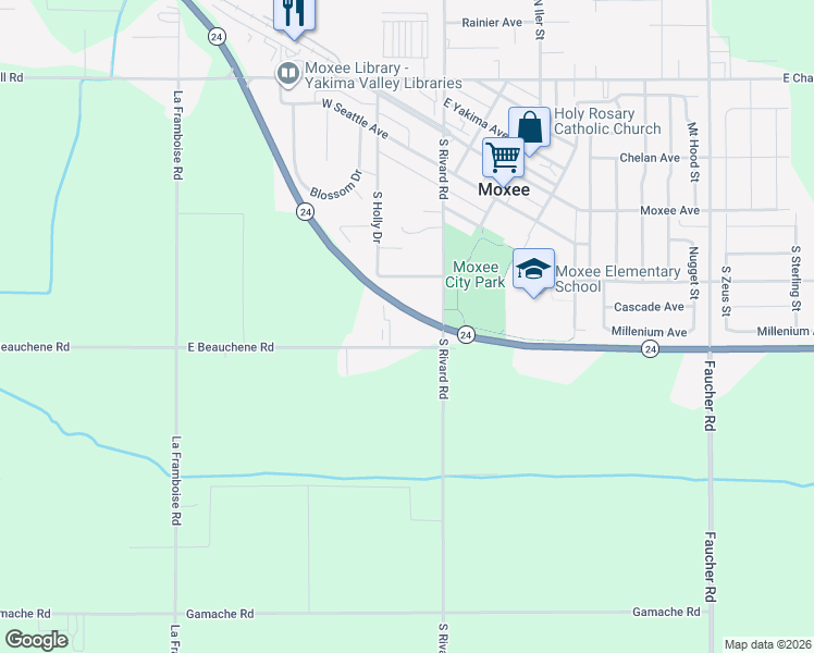 map of restaurants, bars, coffee shops, grocery stores, and more near 8511-8513 East Beauchene Road in Moxee