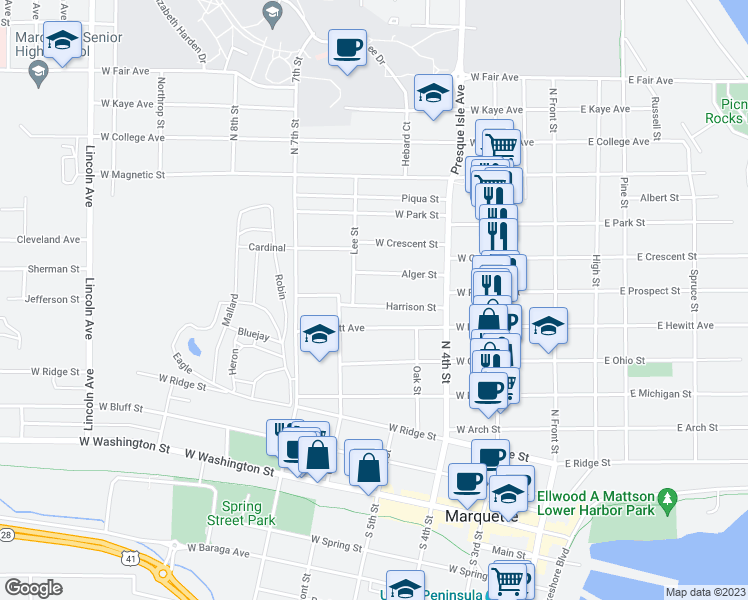 map of restaurants, bars, coffee shops, grocery stores, and more near 300 Harrison Street in Marquette