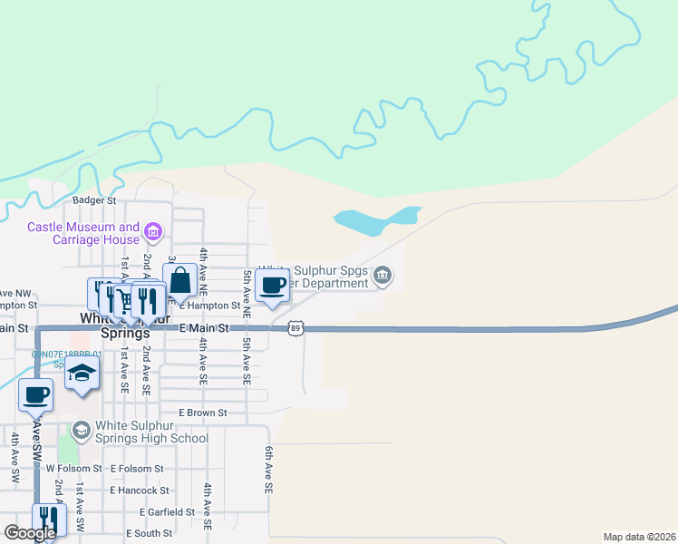 map of restaurants, bars, coffee shops, grocery stores, and more near 701-709 East Washington Street in White Sulphur Springs