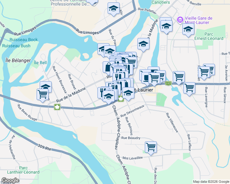 map of restaurants, bars, coffee shops, grocery stores, and more near Rue Salaberry in Mont-Laurier