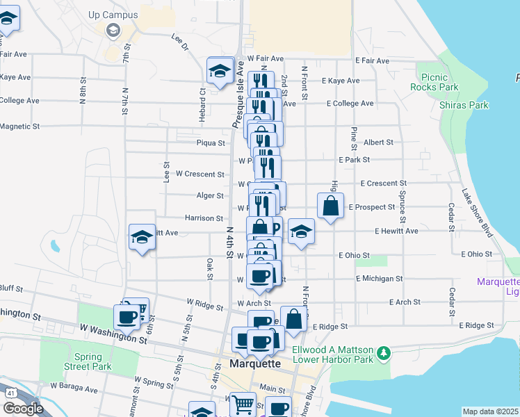 map of restaurants, bars, coffee shops, grocery stores, and more near 215 West Prospect Street in Marquette