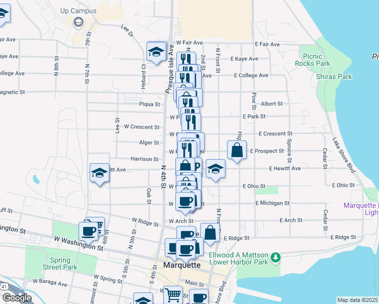 map of restaurants, bars, coffee shops, grocery stores, and more near 798 North 3rd Street in Marquette