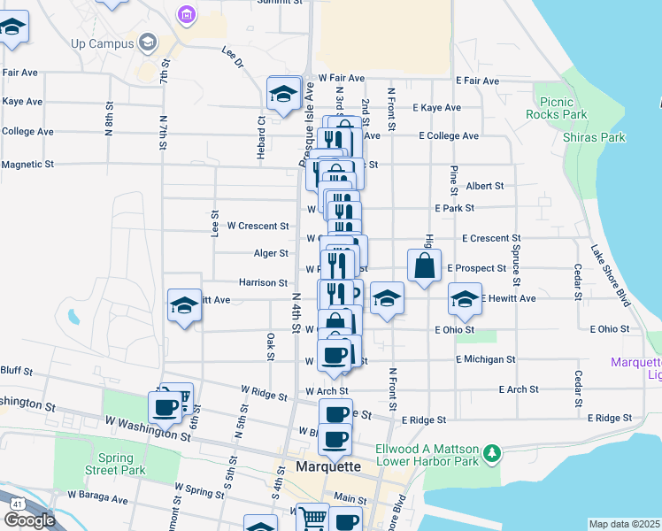 map of restaurants, bars, coffee shops, grocery stores, and more near 224 West Prospect Street in Marquette