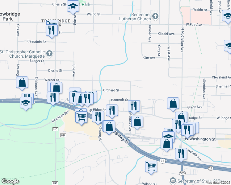 map of restaurants, bars, coffee shops, grocery stores, and more near 1973 Orchard Street in Marquette