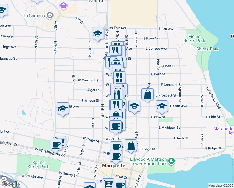 map of restaurants, bars, coffee shops, grocery stores, and more near 801 North 3rd Street in Marquette