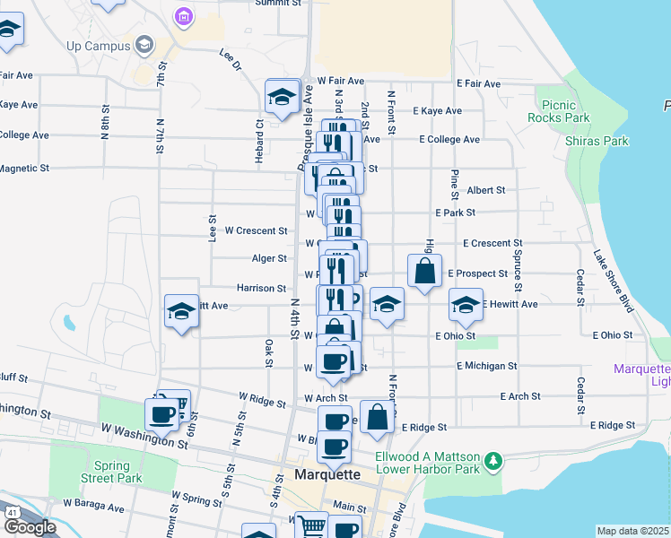 map of restaurants, bars, coffee shops, grocery stores, and more near 824 North 3rd Street in Marquette
