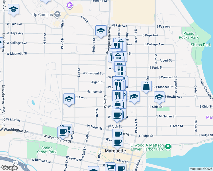 map of restaurants, bars, coffee shops, grocery stores, and more near 225 West Crescent Street in Marquette