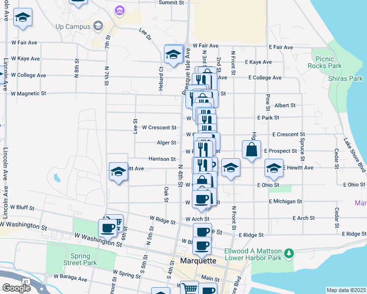 map of restaurants, bars, coffee shops, grocery stores, and more near 225 West Crescent Street in Marquette