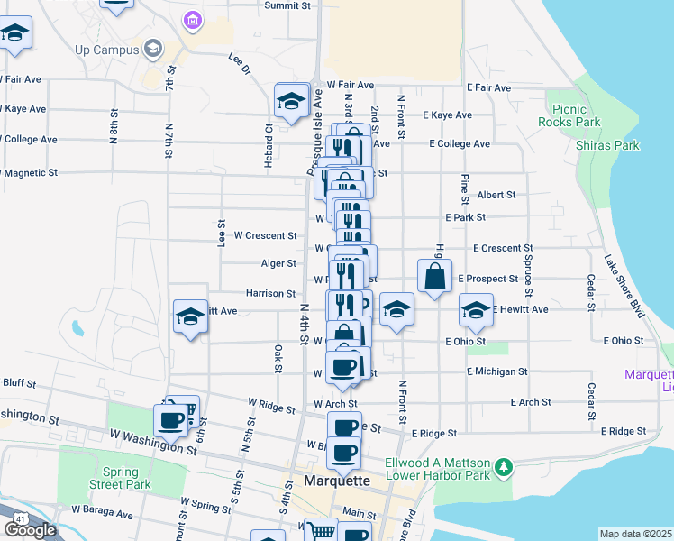 map of restaurants, bars, coffee shops, grocery stores, and more near 225 West Crescent Street in Marquette