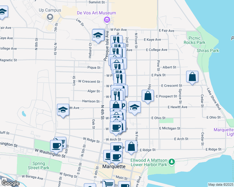 map of restaurants, bars, coffee shops, grocery stores, and more near 809 North 3rd Street in Marquette