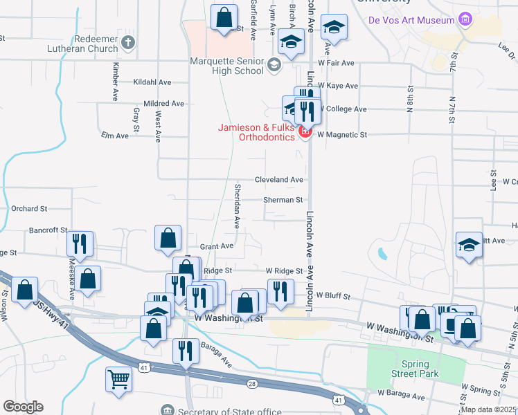 map of restaurants, bars, coffee shops, grocery stores, and more near 1001 Cleveland Avenue in Marquette