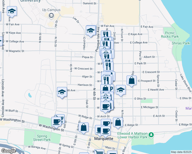 map of restaurants, bars, coffee shops, grocery stores, and more near 814 North 4th Street in Marquette