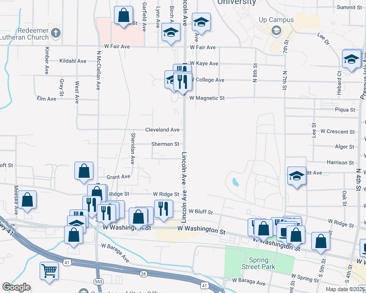 map of restaurants, bars, coffee shops, grocery stores, and more near 907 Sherman Street in Marquette