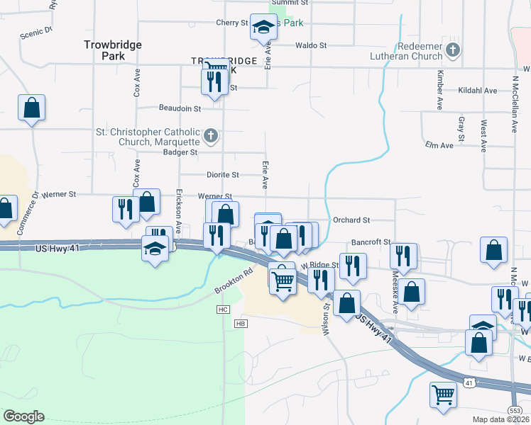 map of restaurants, bars, coffee shops, grocery stores, and more near 407 Erie Avenue in Marquette