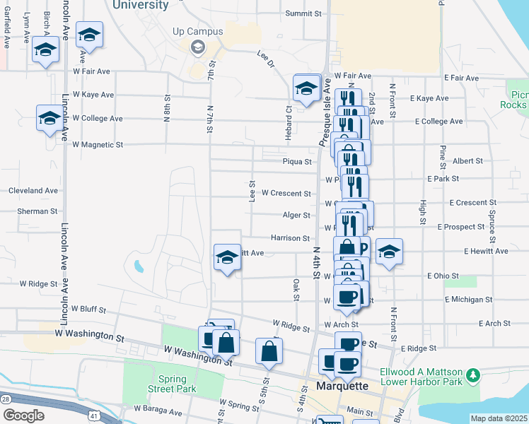 map of restaurants, bars, coffee shops, grocery stores, and more near 368 Alger Street in Marquette