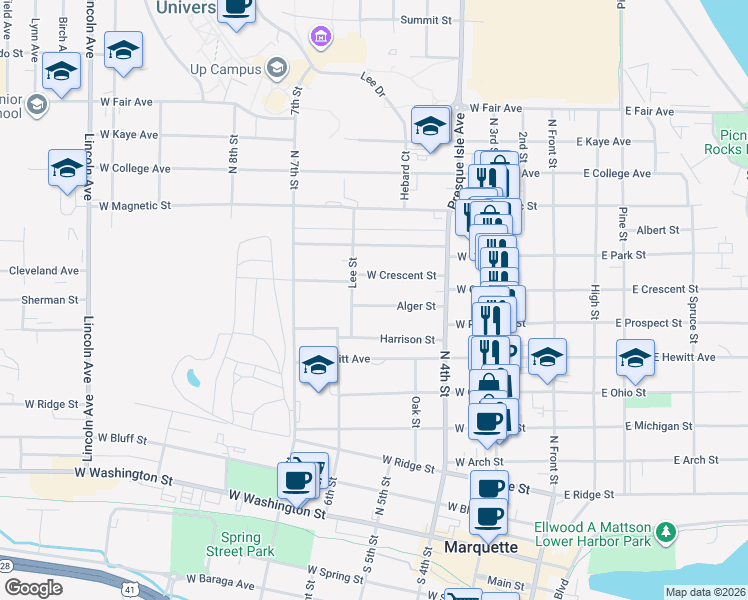 map of restaurants, bars, coffee shops, grocery stores, and more near 376 Alger Street in Marquette