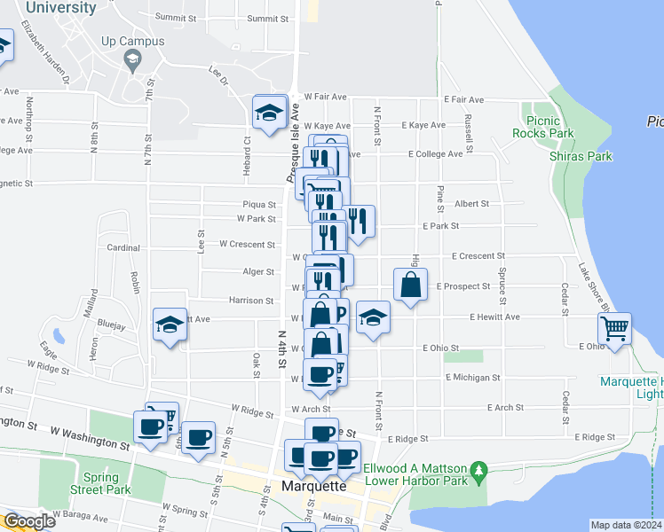 map of restaurants, bars, coffee shops, grocery stores, and more near 824 North 3rd Street in Marquette