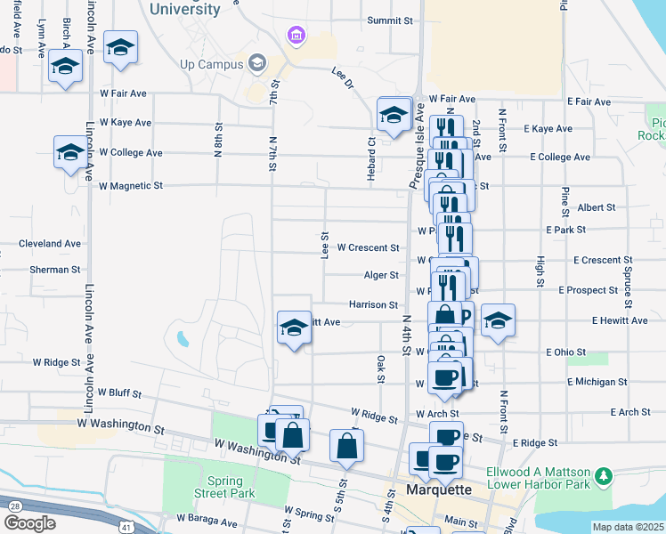 map of restaurants, bars, coffee shops, grocery stores, and more near 376 Alger Street in Marquette