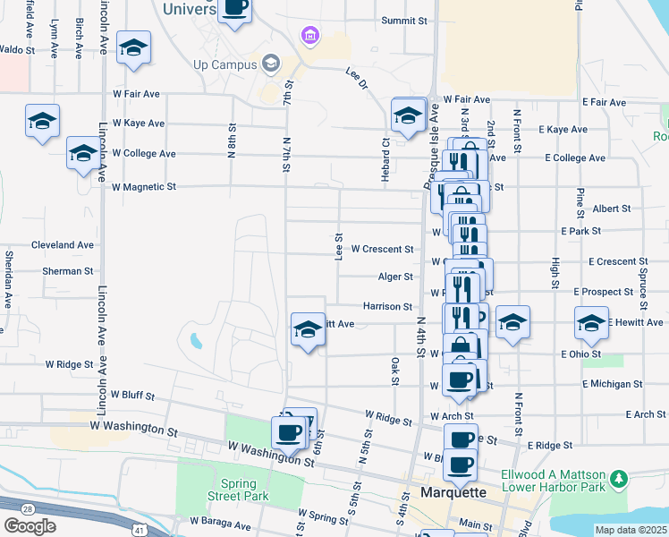 map of restaurants, bars, coffee shops, grocery stores, and more near 905 Lee Street in Marquette
