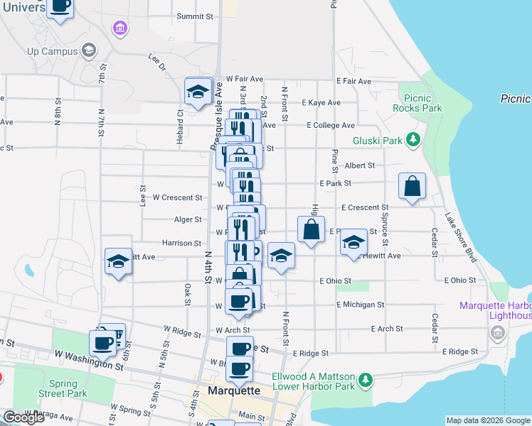 map of restaurants, bars, coffee shops, grocery stores, and more near 133 West Crescent Street in Marquette