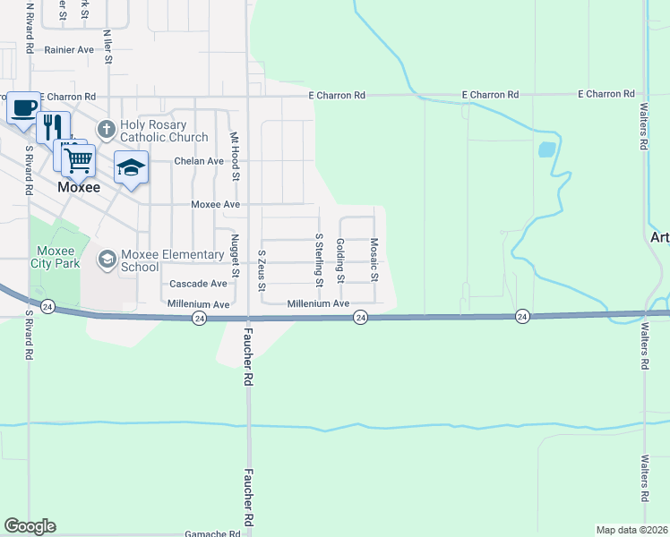 map of restaurants, bars, coffee shops, grocery stores, and more near 18 Golding Street in Moxee