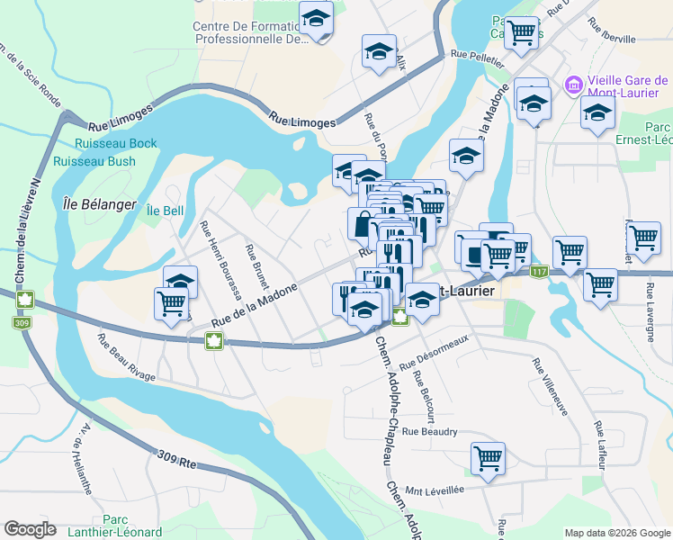 map of restaurants, bars, coffee shops, grocery stores, and more near 394 Rue de la Madone in Mont-Laurier
