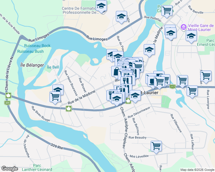 map of restaurants, bars, coffee shops, grocery stores, and more near 394 Rue de la Madone in Mont-Laurier