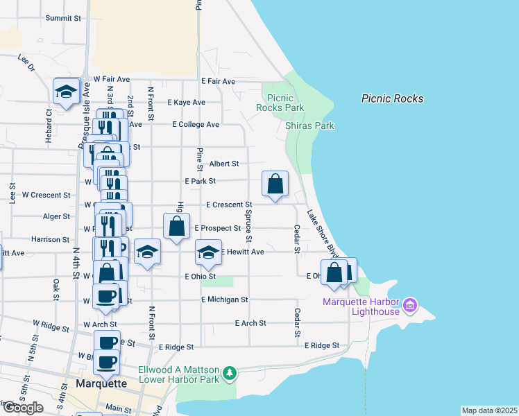 map of restaurants, bars, coffee shops, grocery stores, and more near 418 East Crescent Street in Marquette