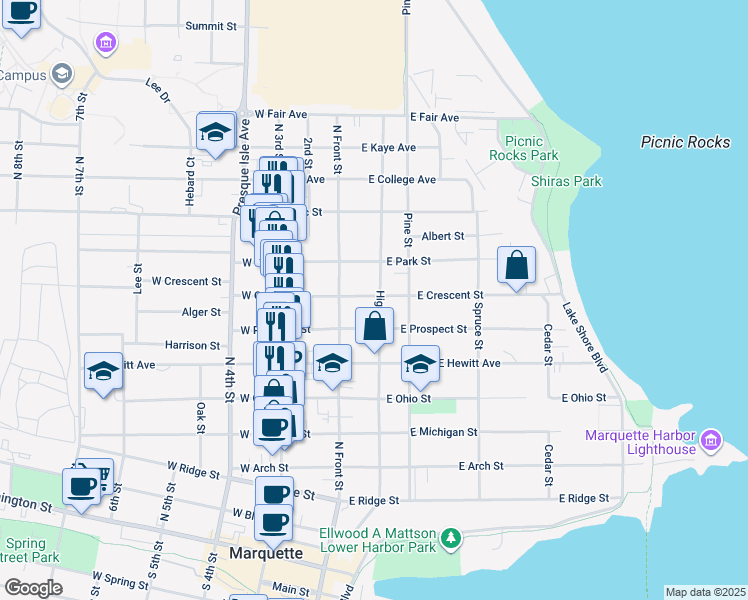 map of restaurants, bars, coffee shops, grocery stores, and more near 130 East Crescent Street in Marquette