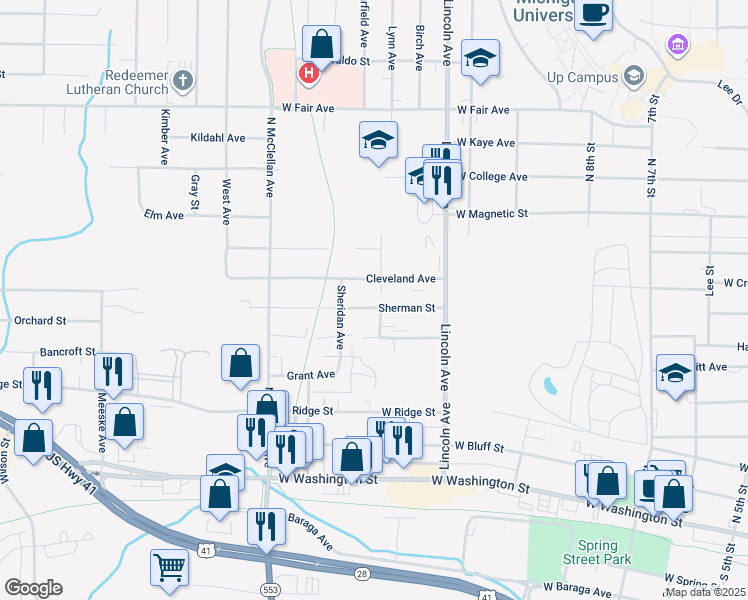 map of restaurants, bars, coffee shops, grocery stores, and more near 1001 Cleveland Avenue in Marquette