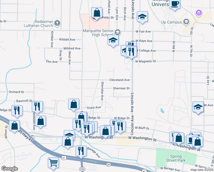 map of restaurants, bars, coffee shops, grocery stores, and more near 1001 Cleveland Avenue in Marquette