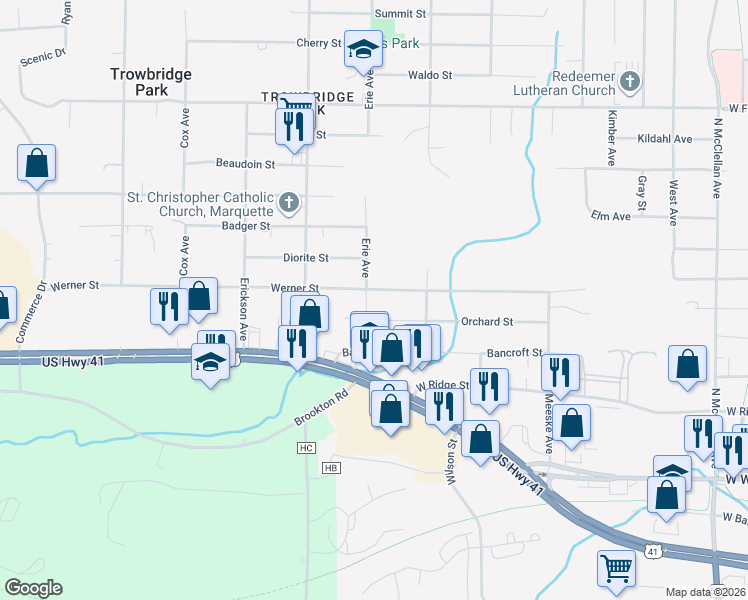map of restaurants, bars, coffee shops, grocery stores, and more near 407-499 Erie Avenue in Marquette