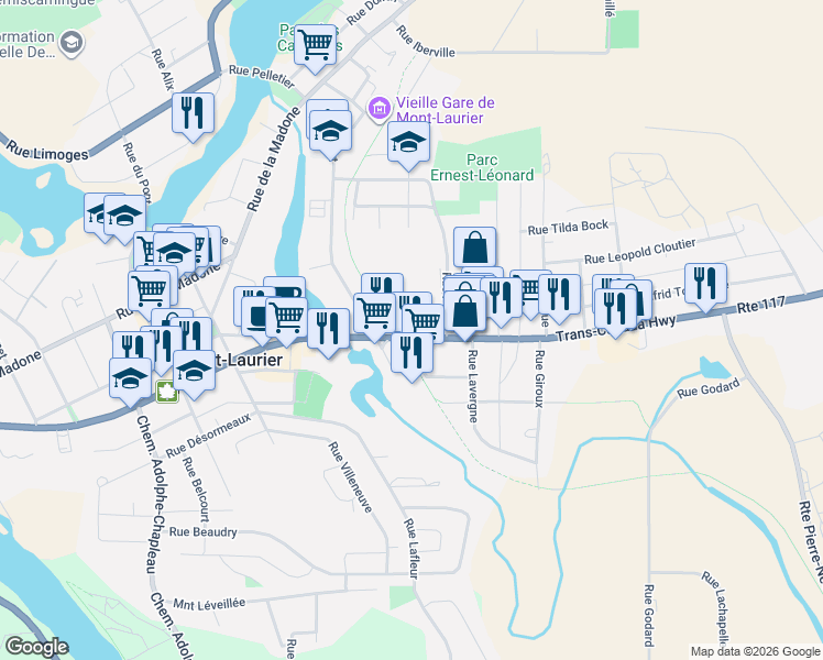 map of restaurants, bars, coffee shops, grocery stores, and more near 845 Boulevard Albiny Paquette in Mont-Laurier
