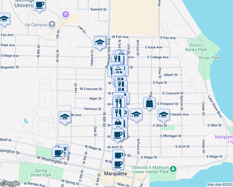 map of restaurants, bars, coffee shops, grocery stores, and more near 225 West Crescent Street in Marquette