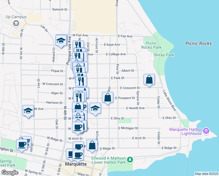 map of restaurants, bars, coffee shops, grocery stores, and more near 201 East Crescent Street in Marquette