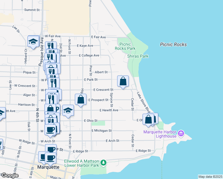 map of restaurants, bars, coffee shops, grocery stores, and more near 901 Spruce Street in Marquette