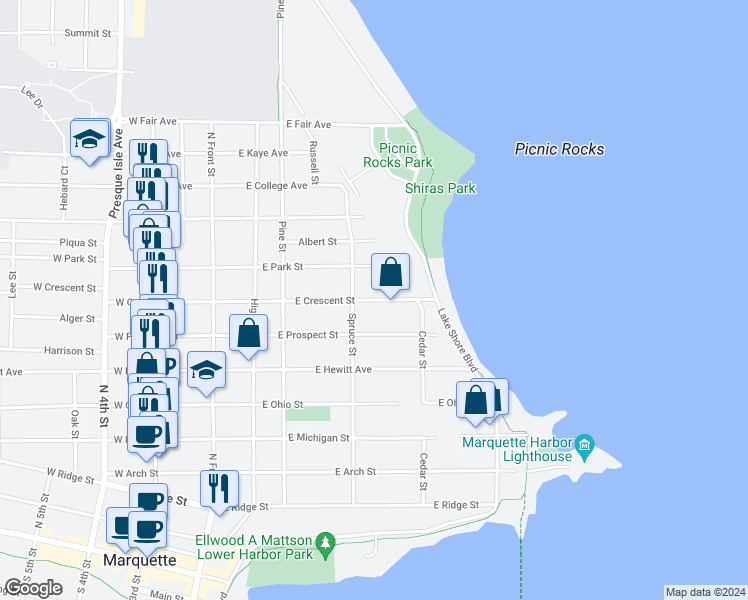 map of restaurants, bars, coffee shops, grocery stores, and more near 401 East Crescent Street in Marquette