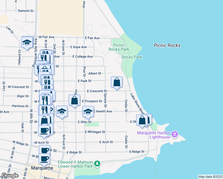 map of restaurants, bars, coffee shops, grocery stores, and more near 418 East Crescent Street in Marquette