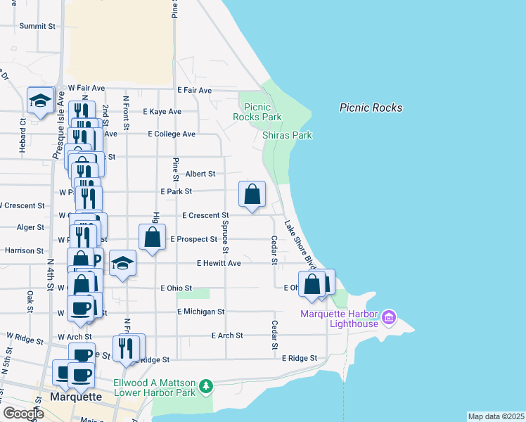 map of restaurants, bars, coffee shops, grocery stores, and more near 429 East Crescent Street in Marquette