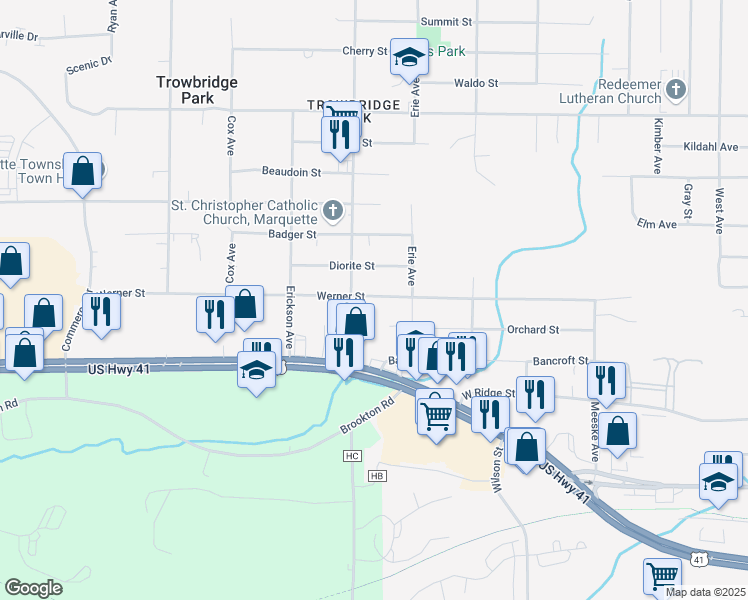 map of restaurants, bars, coffee shops, grocery stores, and more near 2263 Werner Street in Marquette