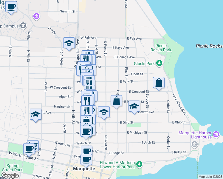 map of restaurants, bars, coffee shops, grocery stores, and more near 130 East Crescent Street in Marquette