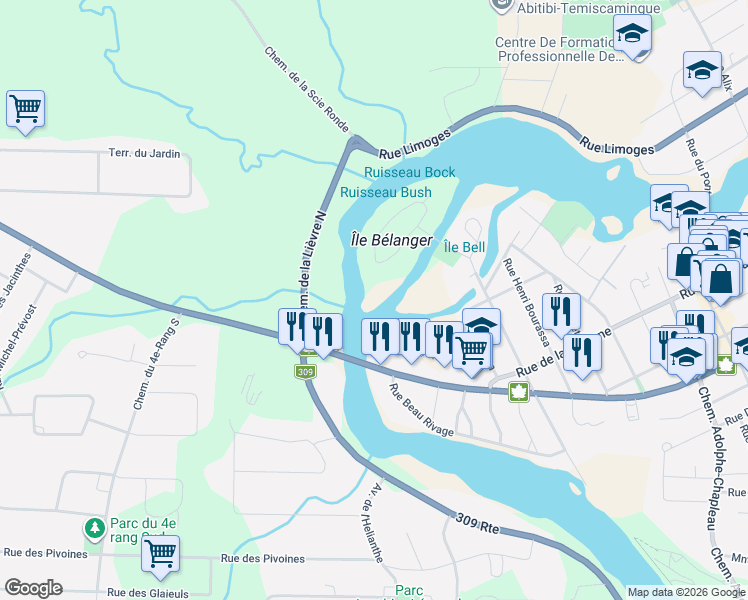 map of restaurants, bars, coffee shops, grocery stores, and more near Rue des Algonquins in Mont-Laurier