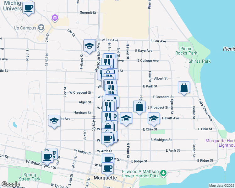 map of restaurants, bars, coffee shops, grocery stores, and more near 133 West Crescent Street in Marquette