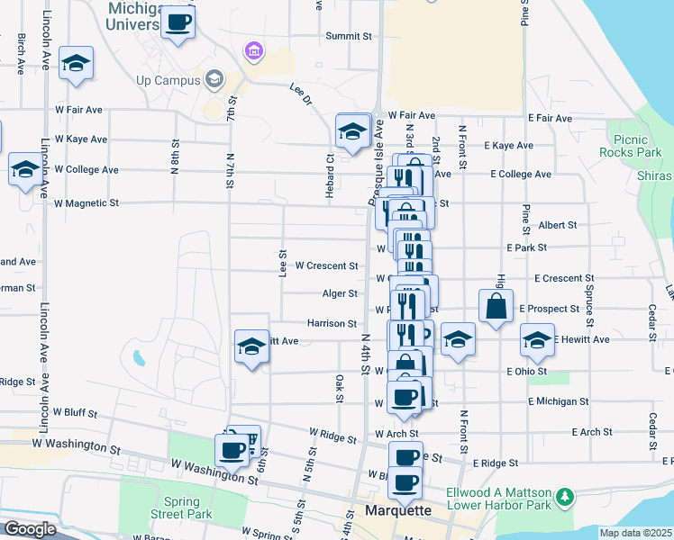map of restaurants, bars, coffee shops, grocery stores, and more near 348 Alger Street in Marquette