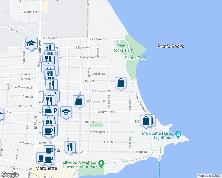 map of restaurants, bars, coffee shops, grocery stores, and more near 920 Spruce Street in Marquette
