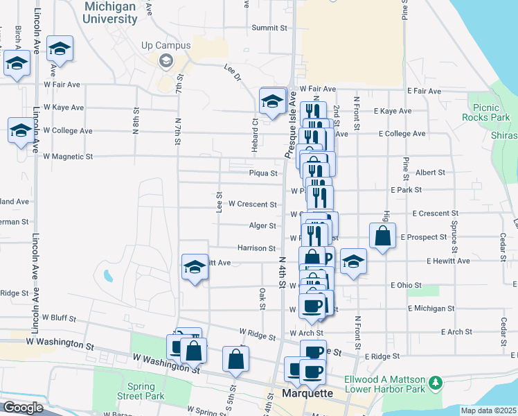 map of restaurants, bars, coffee shops, grocery stores, and more near 339 West Crescent Street in Marquette