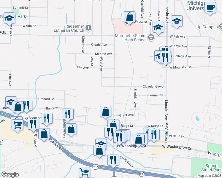 map of restaurants, bars, coffee shops, grocery stores, and more near 1314 Sherman Street in Marquette