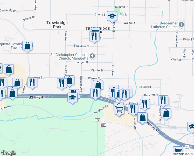 map of restaurants, bars, coffee shops, grocery stores, and more near 501 Ontario Avenue in Marquette