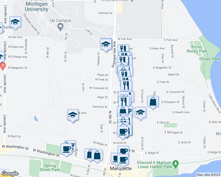 map of restaurants, bars, coffee shops, grocery stores, and more near 1001 North 4th Street in Marquette